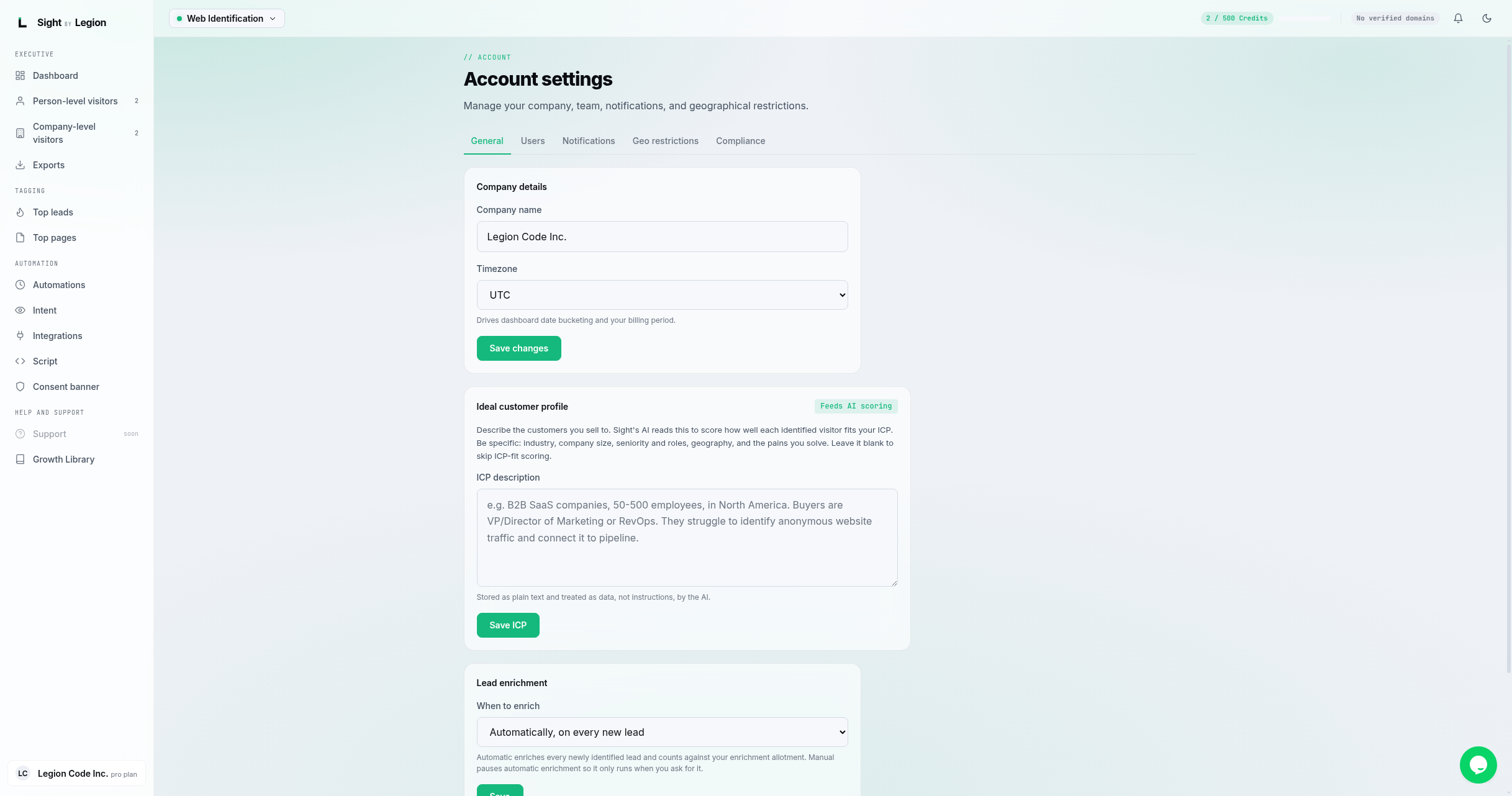 the Account settings page at /account on the General tab, showing the tab bar (General, Users, Notifications, Geo restrictions, Compliance), the Company details form (Company name, Timezone), the ICP description card, and the Lead enrichment panel.