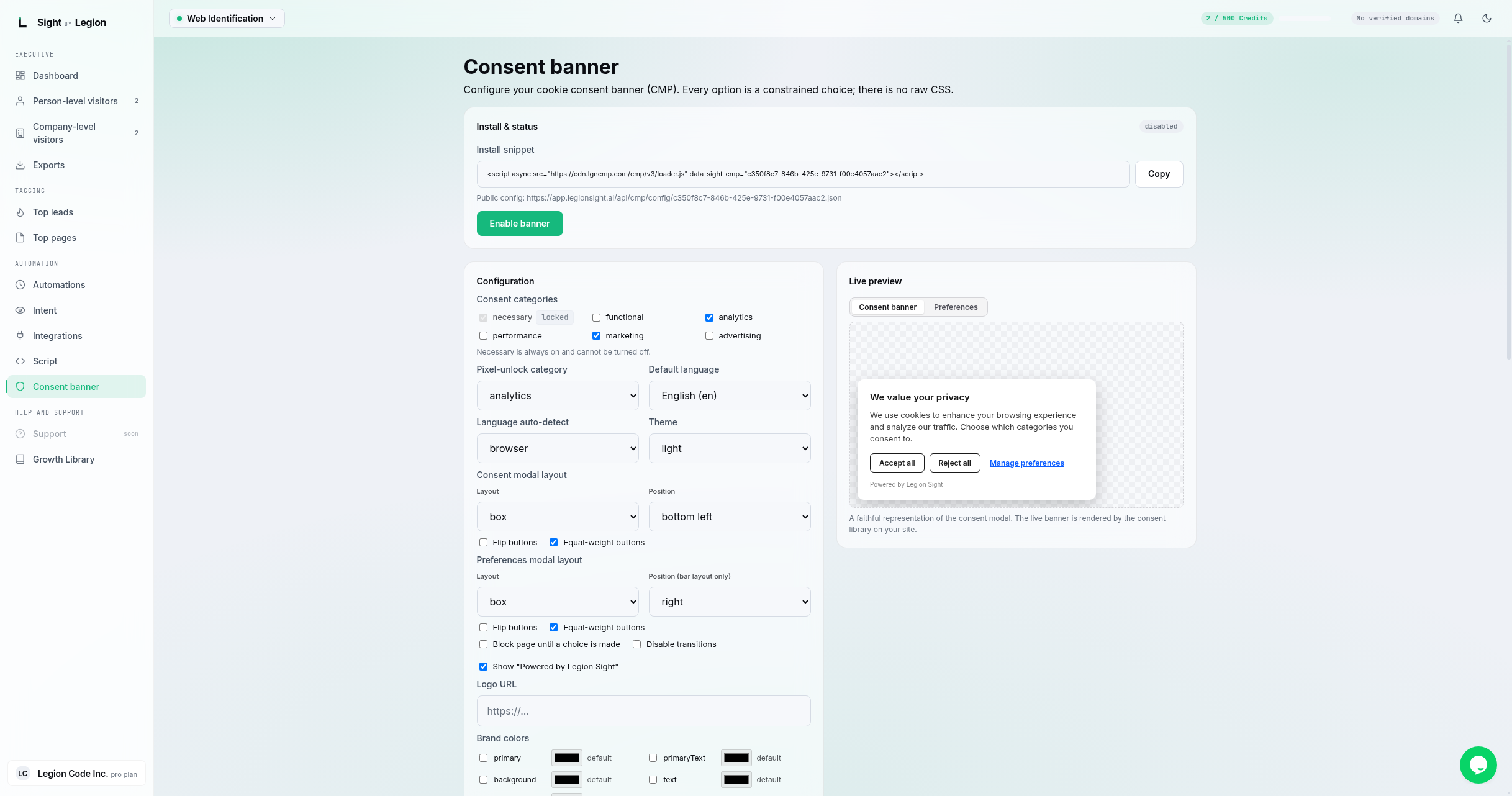 the Consent banner page with the Configuration form on the left (categories, language, theme, layouts) and the Live preview of the consent modal on the right.