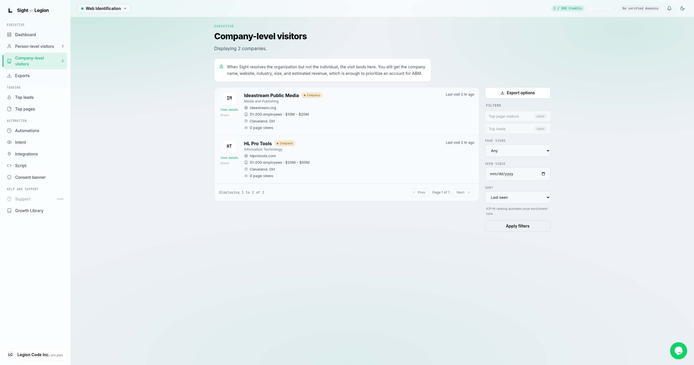 the Company-level visitors feed at /companies with the explainer banner at the top, a column of company cards (name, industry, website, size, location, page views), and the filter rail on the right.