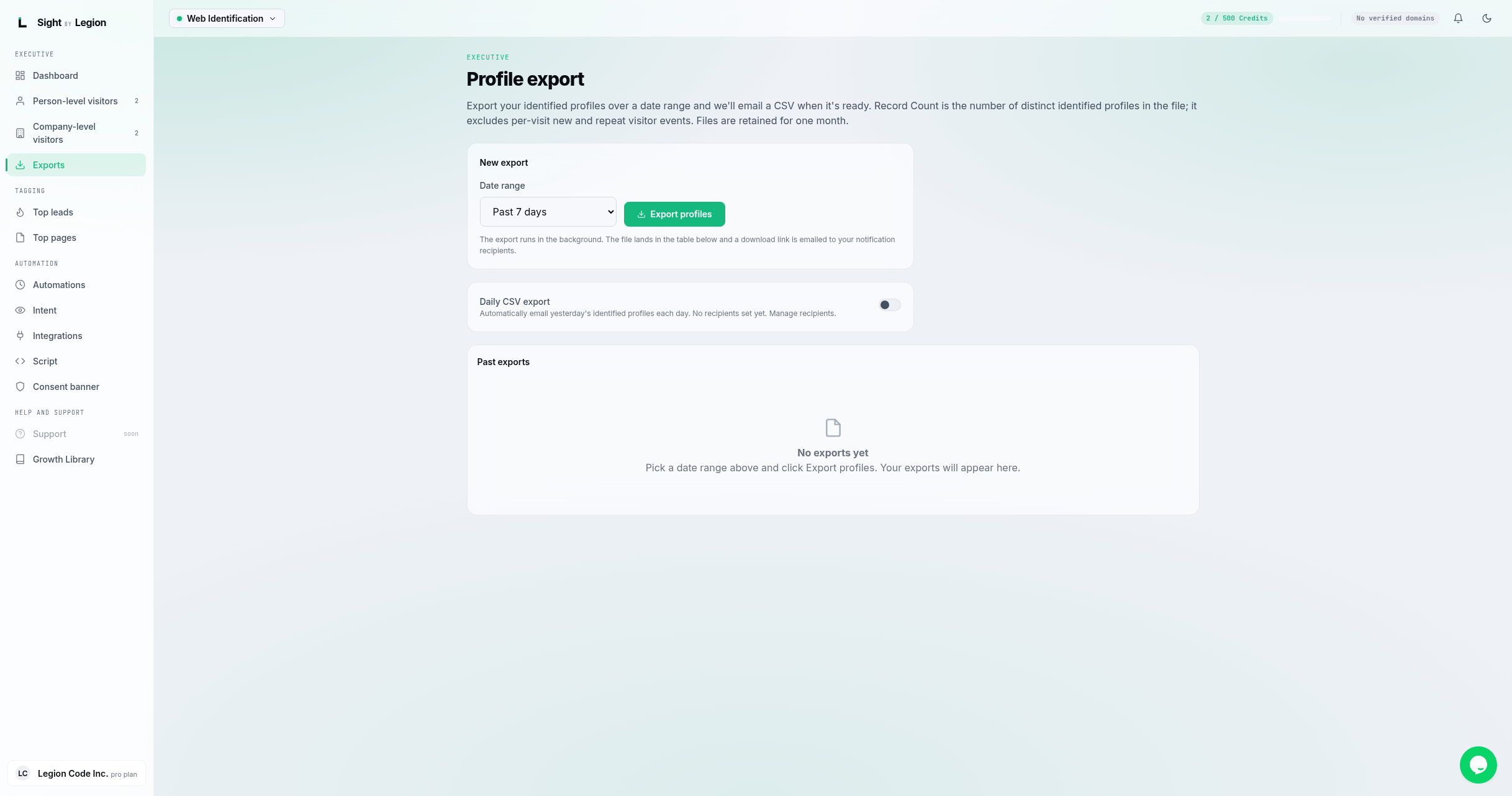 the Exports page "New export" panel with the date-range dropdown and the "Export profiles" button, and the "Daily CSV export" toggle panel below it.
