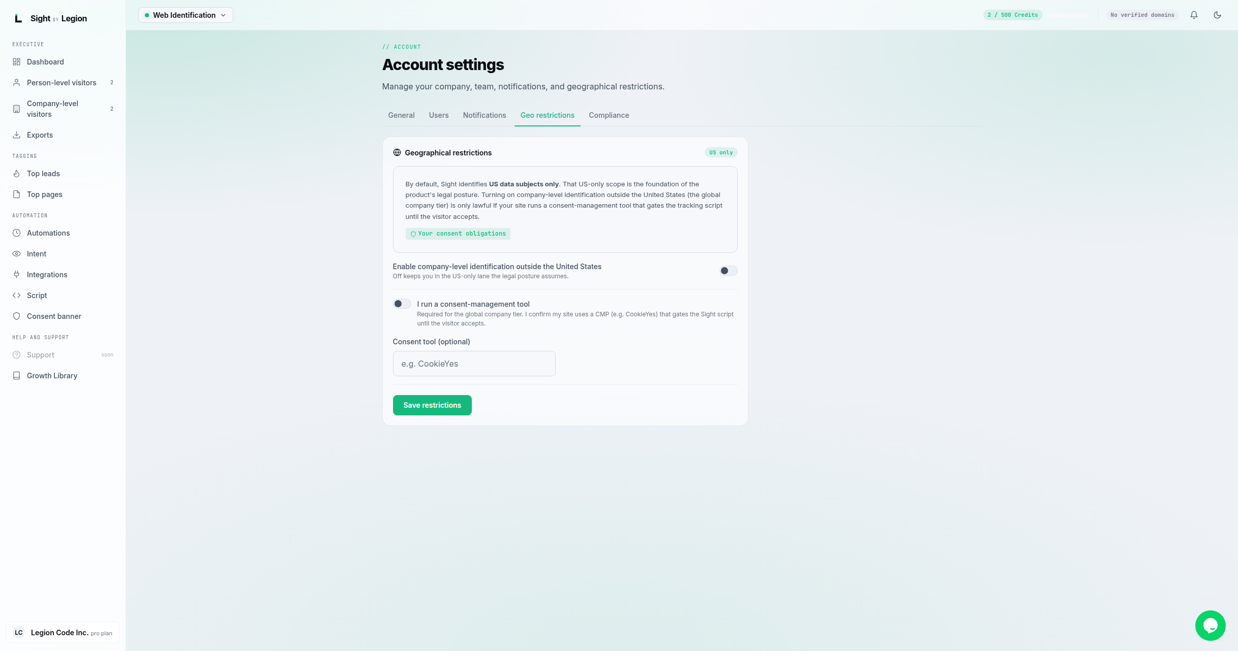 the Geo restrictions tab at /account?tab=geo with the US-only explanation card, the "Enable identification outside the United States" toggle, the "I run a consent-management tool" attestation toggle, the optional consent-tool field, and the Save restrictions button.