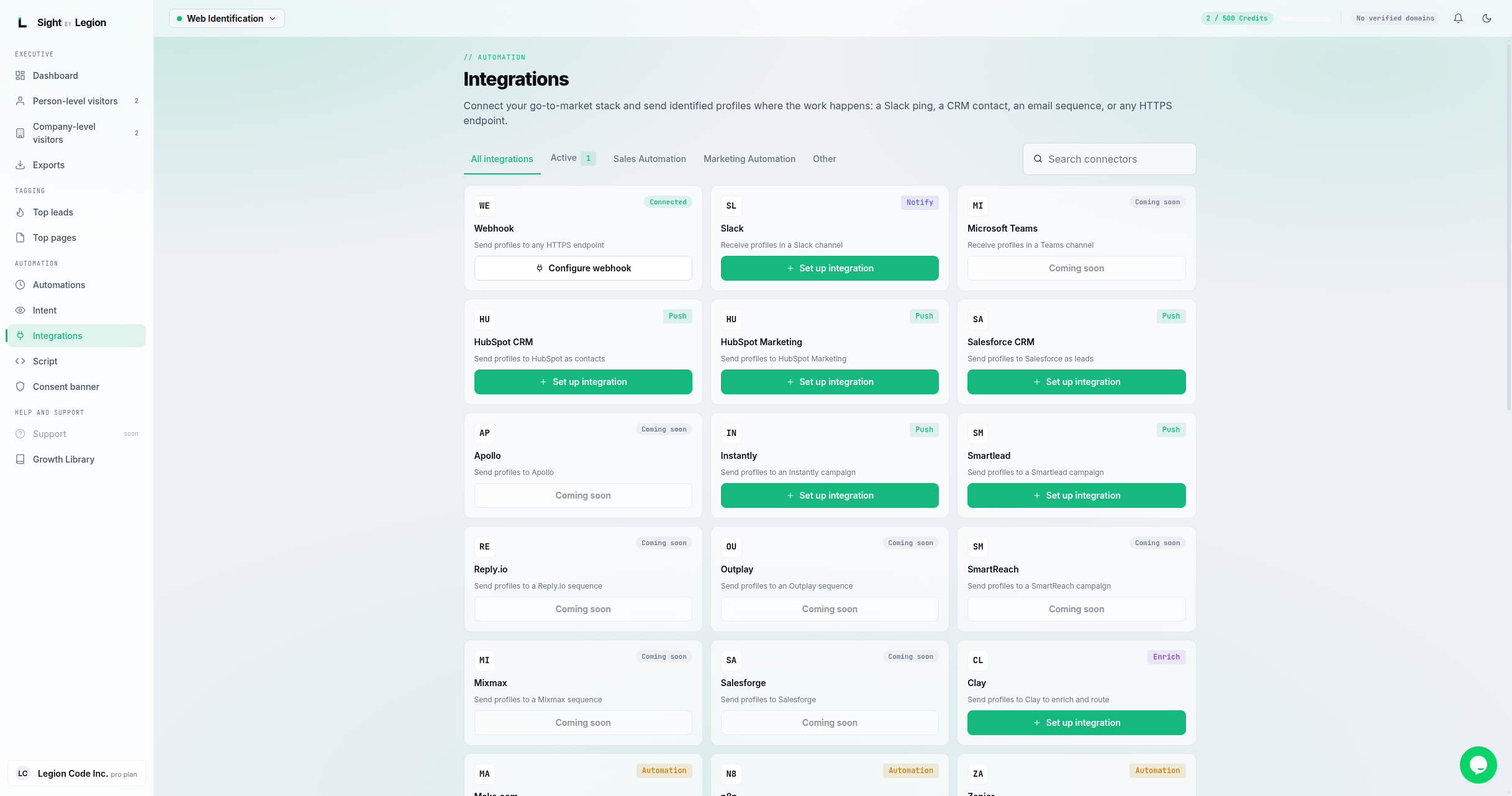 the Integrations page with the category tabs (All, Active, Sales Automation, Marketing Automation, Other), the search box, and a grid of connector cards.