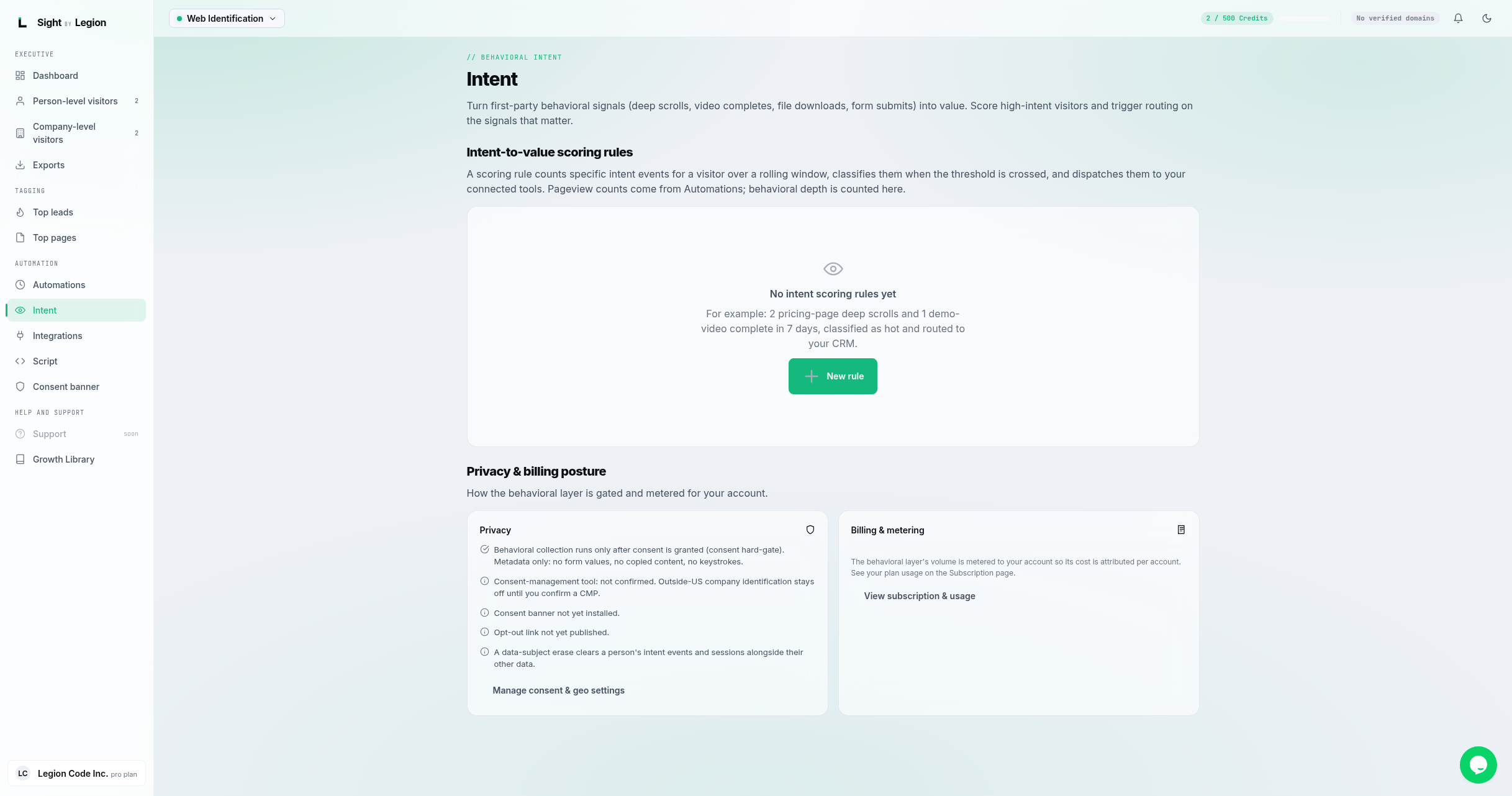 the Intent page with the "Intent-to-value scoring rules" section, an empty state or rule rows, and a "New rule" button (owner/admin only).
