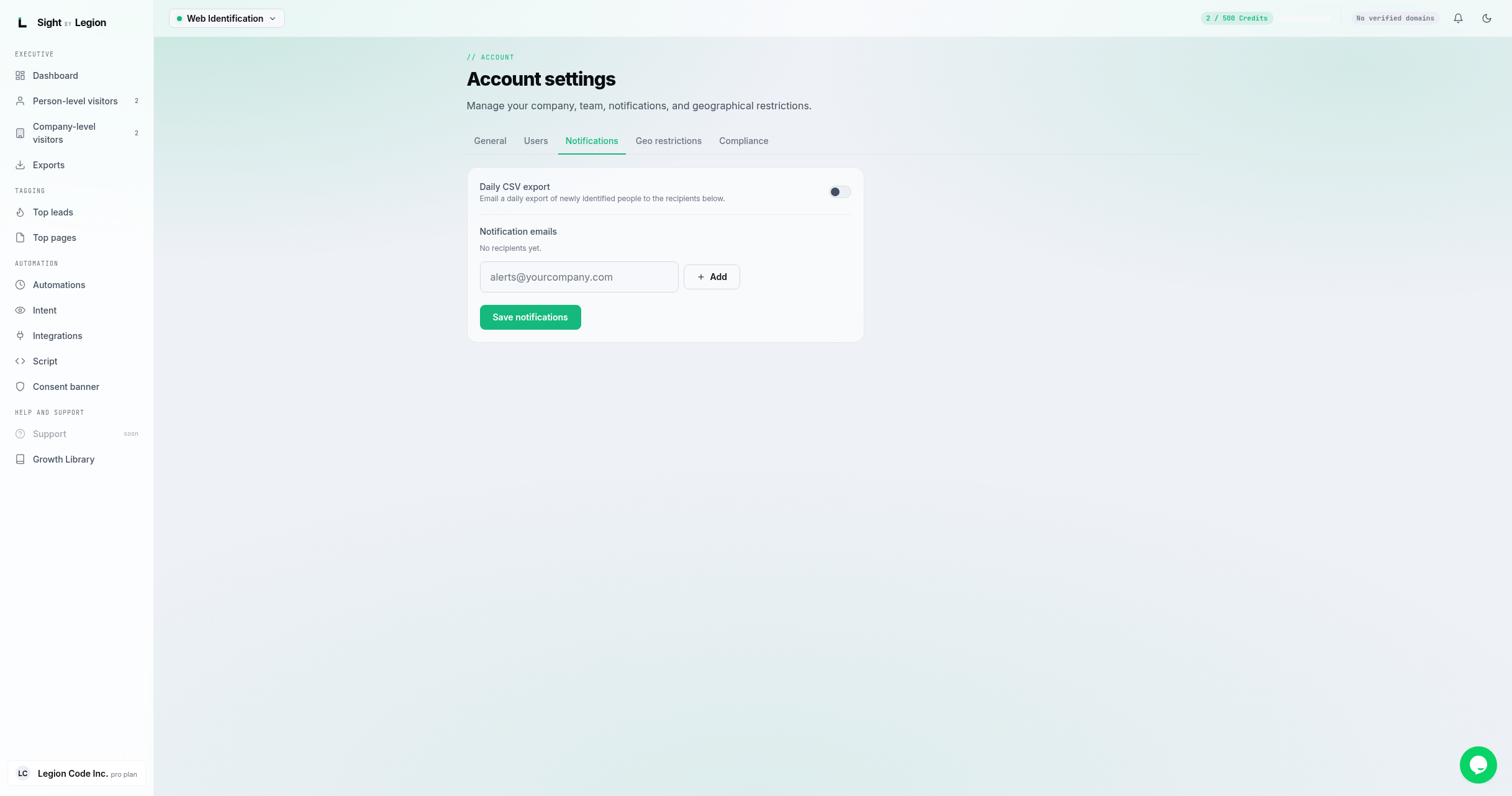 the Account settings Notifications tab at /account?tab=notifications with the Daily CSV export toggle, the Notification emails chips with an add field, and the Save notifications button.