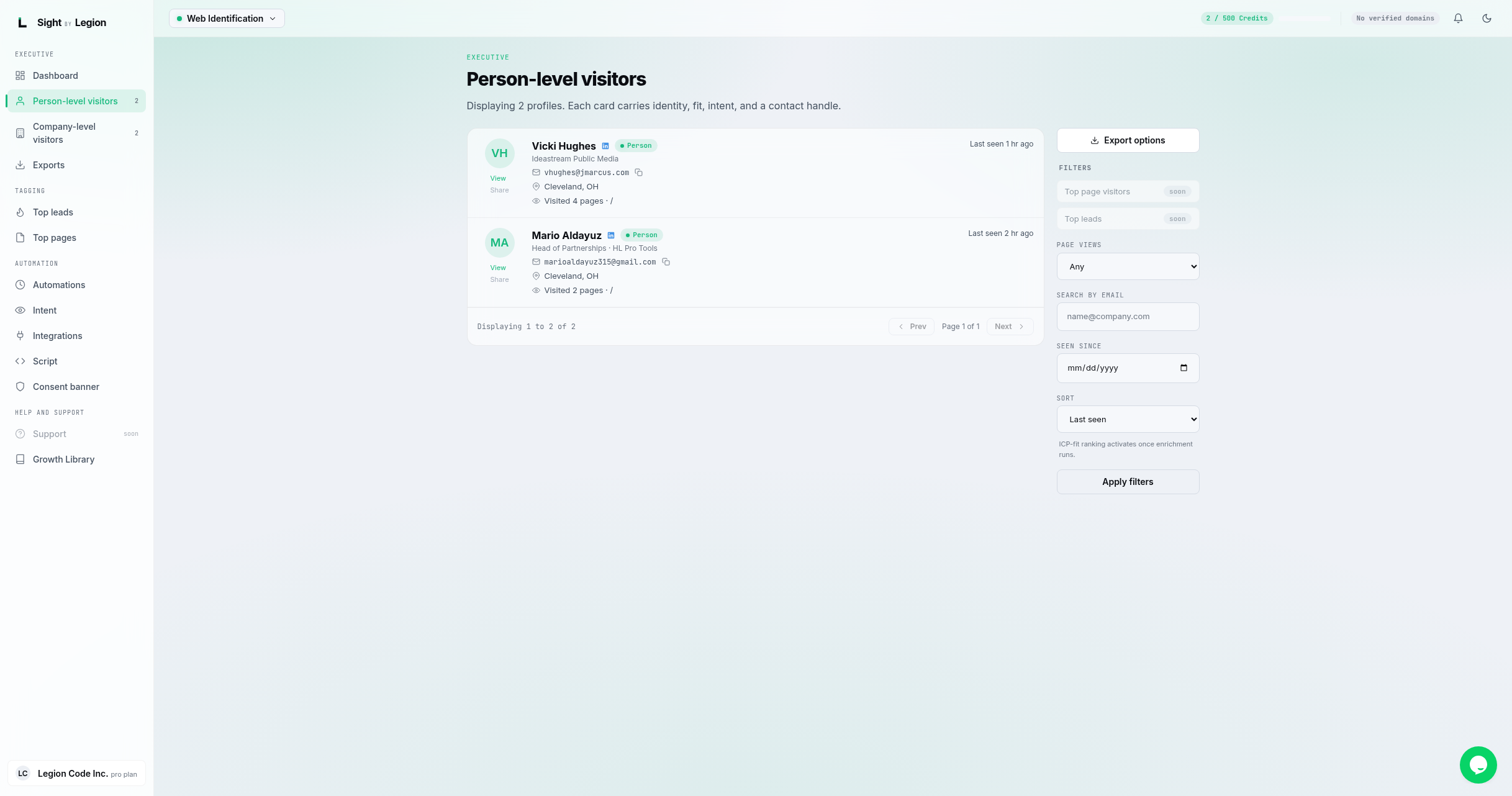 the Person-level visitors feed at /people, the count summary at the top, a column of person cards (name, title and company, business email with copy button, location, pages viewed, last seen), and the filter rail on the right.