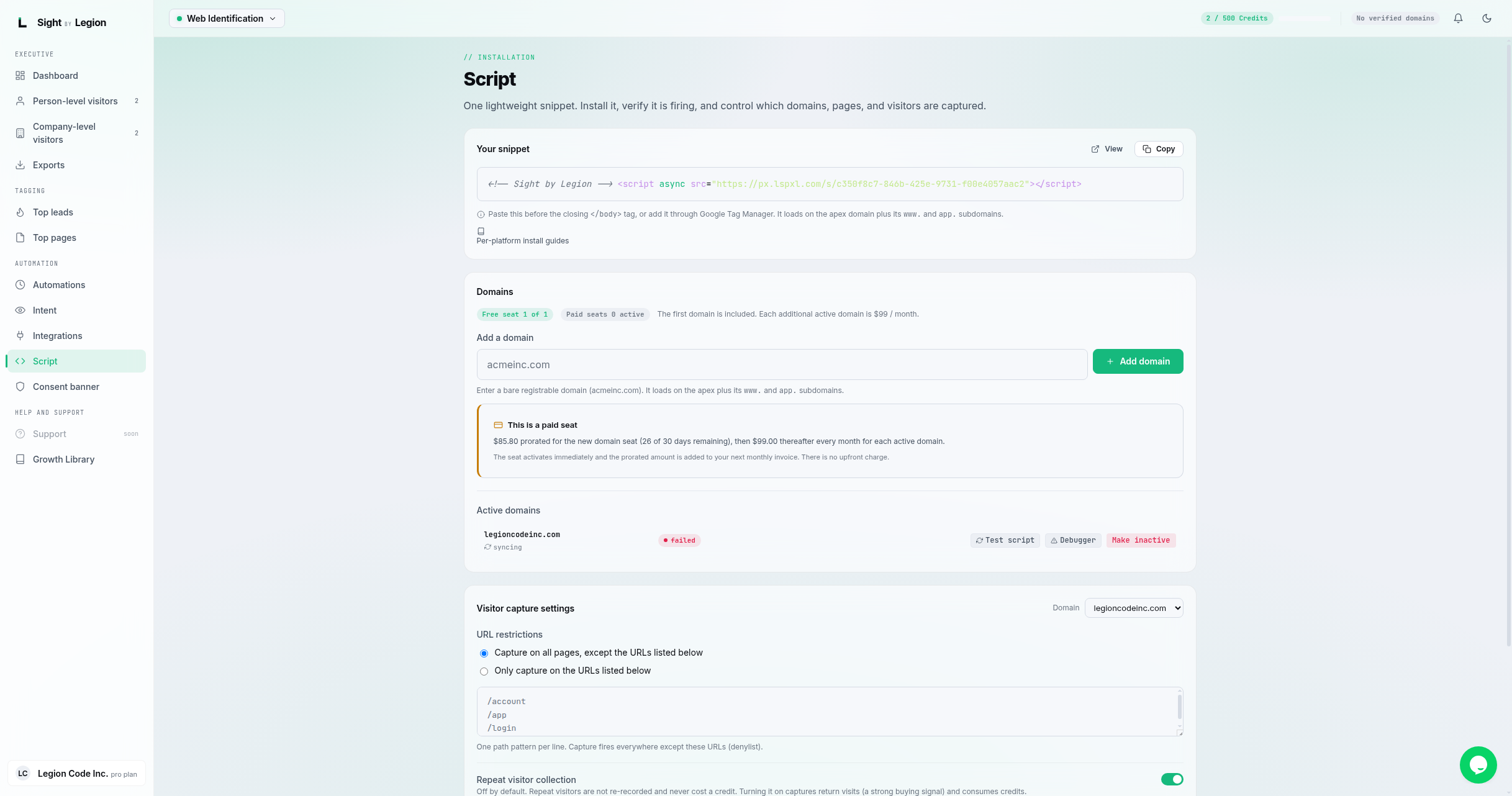 the Script page "Visitor capture settings" panel with the URL restrictions control, the "Repeat visitor collection" toggle (off), the exclusion list, and the "Save settings" button.