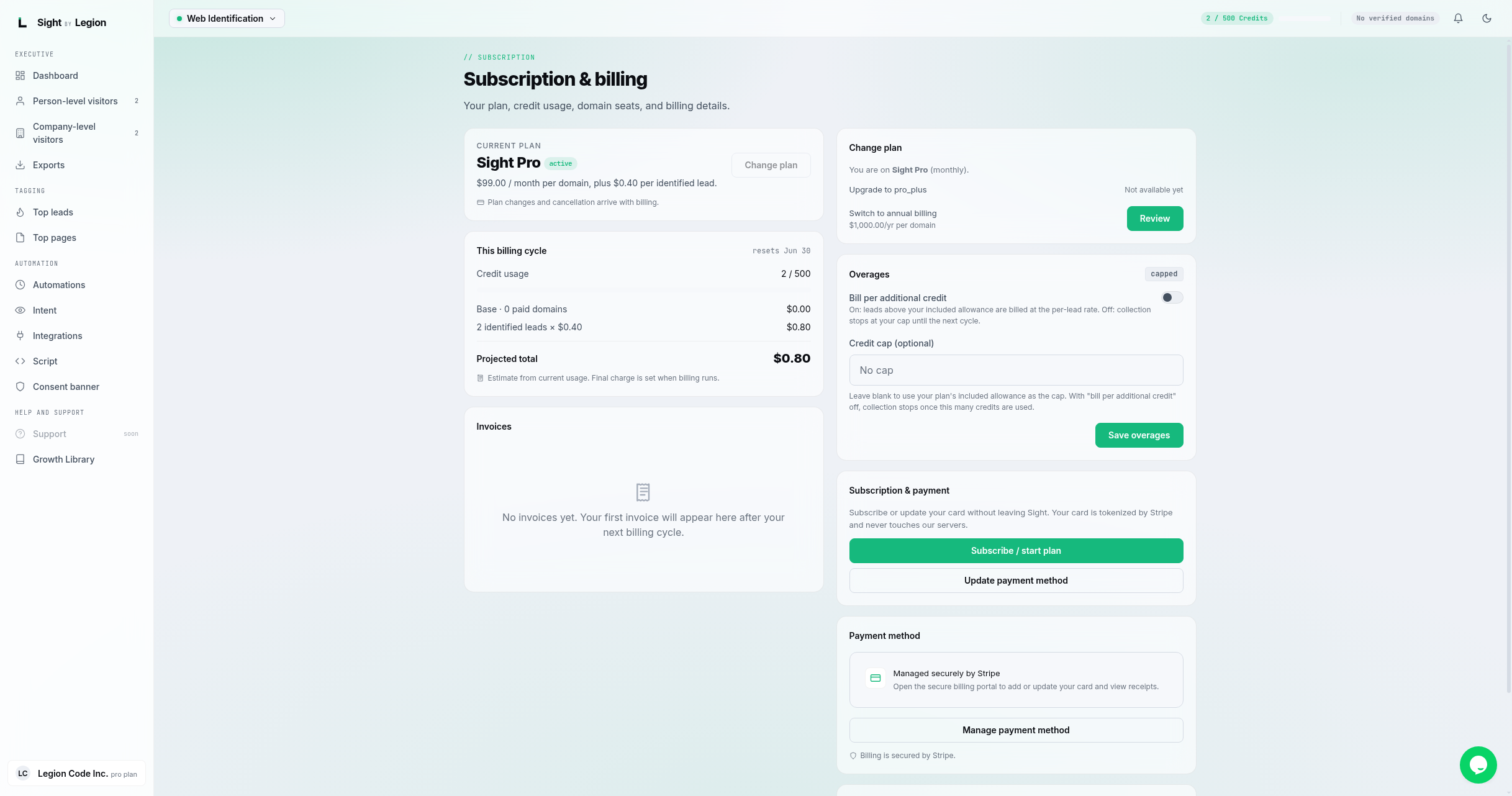 the Subscription & billing page with the Plan card and Wallet balance on the left, and the Plan change card, Top up wallet, and Subscription & payment panel on the right.