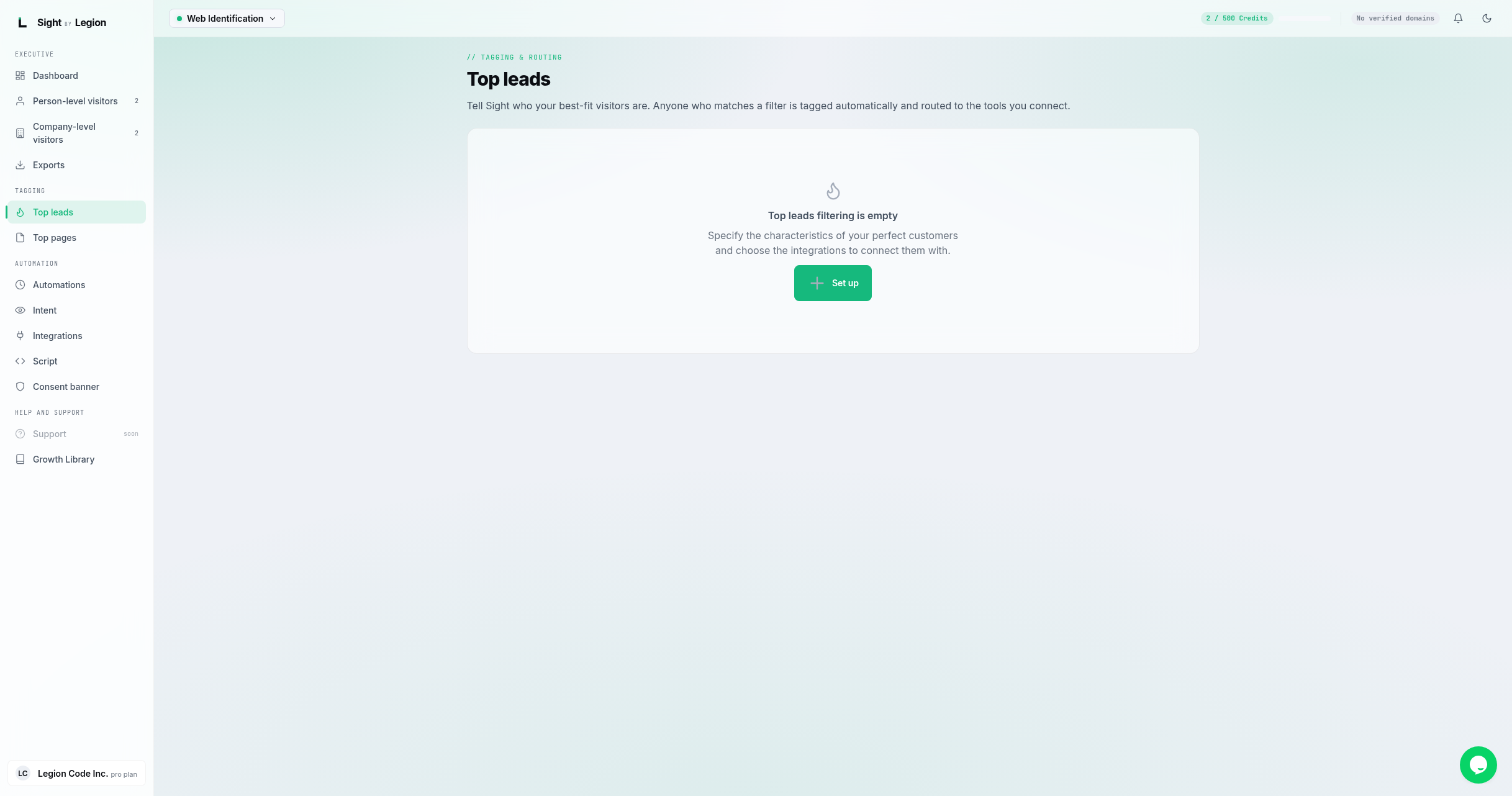 the Top leads page with no rules yet, the empty-state card explaining "Top leads filtering is empty" and a "Set up" button (owner/admin only).