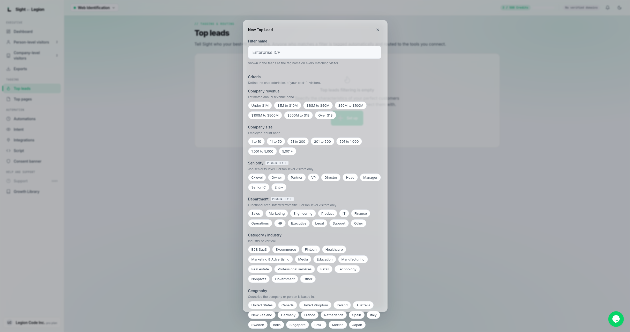 the New Top Lead dialog with the Filter name input, the Criteria builder (revenue, size, seniority, department, category, country), the Destinations picker, and the Create filter button.
