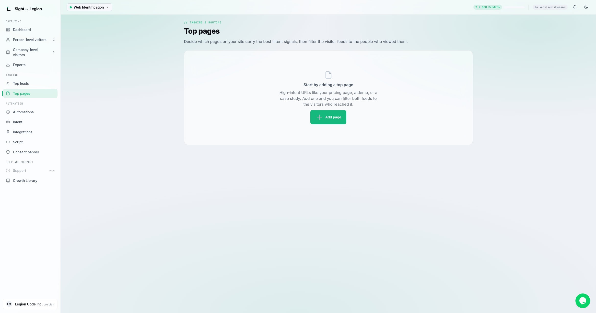 the Top pages page empty state, the card "Start by adding a top page" with an "Add page" button (owner/admin only).