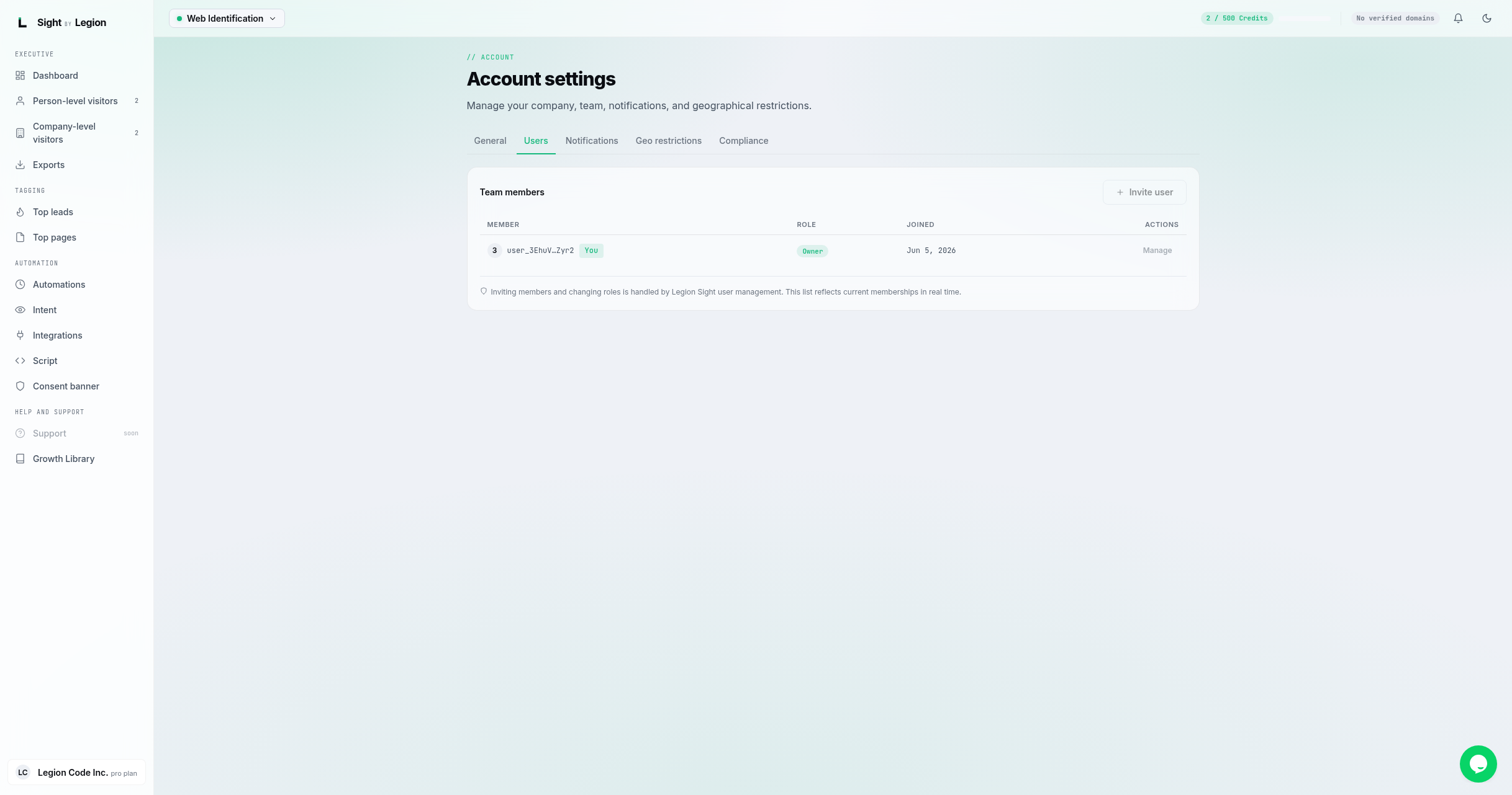 the Account settings Users tab at /account?tab=users, the team members table showing the Member, Role (Owner/Admin/Member), and Joined columns, with the current user marked "You".